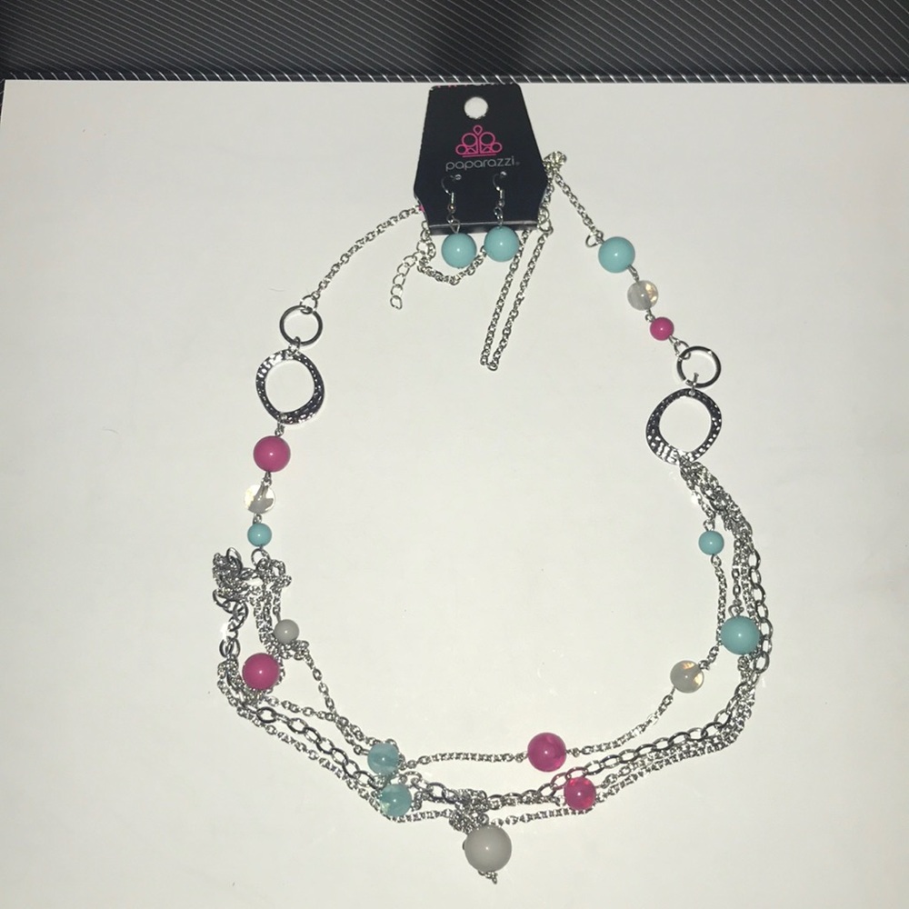 Paparazzi Blue pink necklace earring set